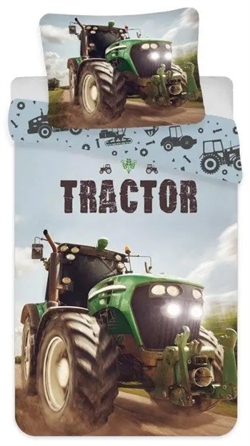 Billede af Traktor junior sengetøj 100x140 cm - Traktor med lysende lygter - 2 i 1 design - 100% bomuld